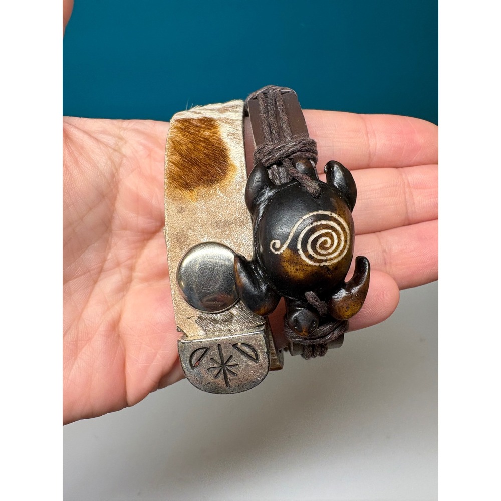 Boho Leather Bracelet Set Cowhide Hair-on Cuff & Carved Turtle Charm Brown